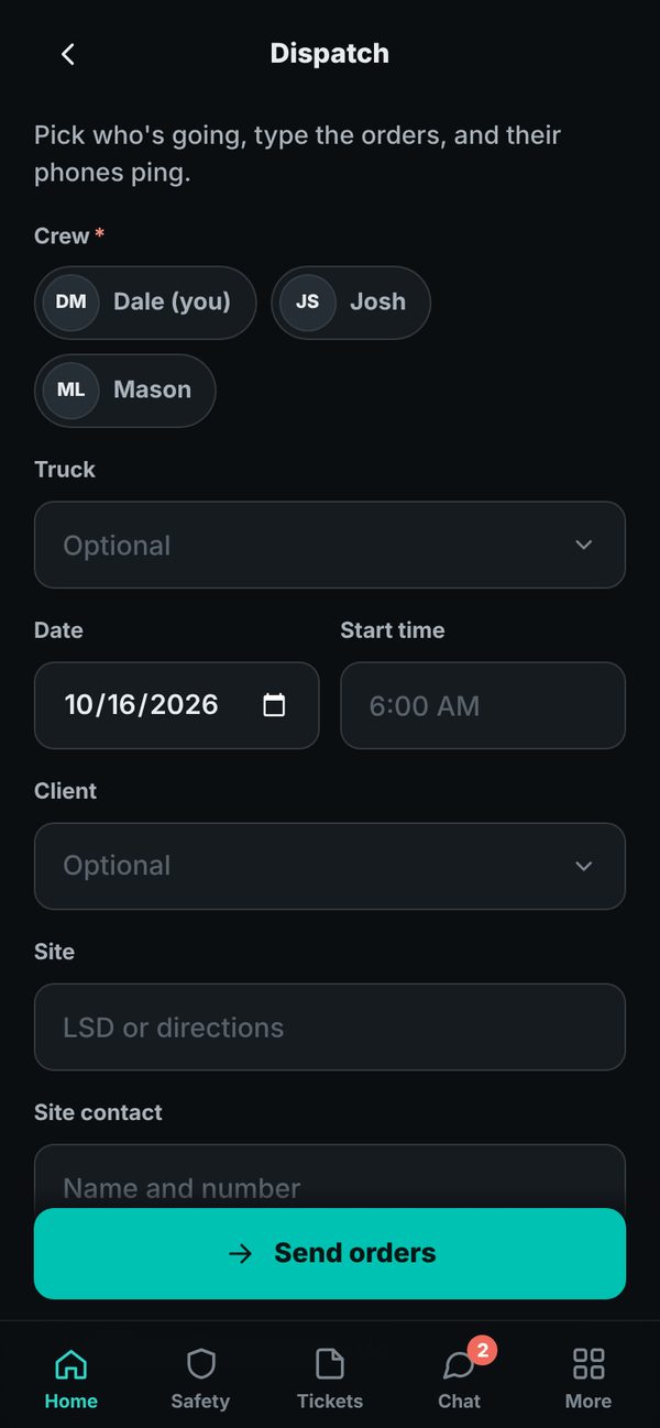 Dispatch order screen